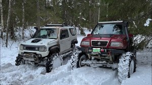 2 лютых Suzuki на тракторах против снега по пояс) Defender и Уаз на 38