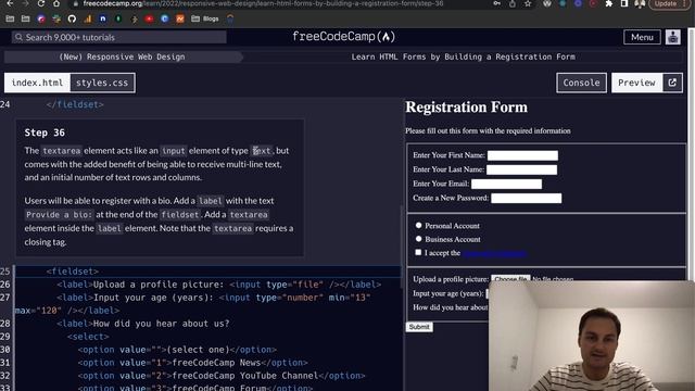 FreeCodeCamp - Learn HTML Forms By Building A Registration Form (31-40)