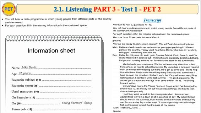 PET 2 - Listening Part 3 - Test 1 (Transcript + Key) / Tiếng Anh B1 - Cambridge PET смотреть онлайн