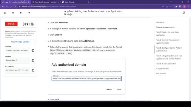 App Dev - Adding User Authentication to your Application: Node.js Qwiklab