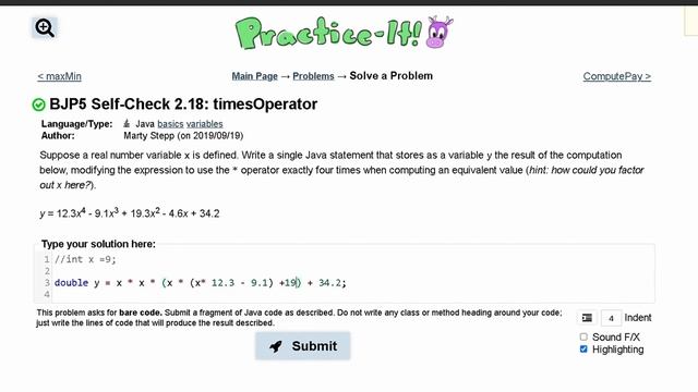 Java Practice-it | Primitive Data and Definite Loops | Self-Check 2.18 : timesOperator смотреть онлайн