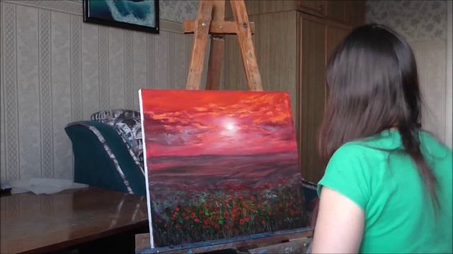 Картина маслом Кругловой Людмилы, мастер-класс по живописи маслом,пишем маслом маковое поле и закат