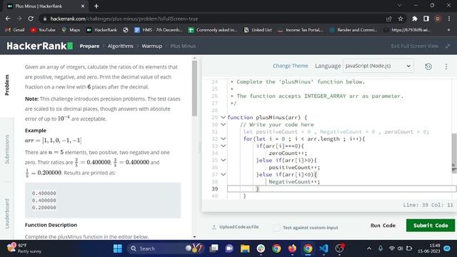 Plus Mince HackerRank problem in Javascript| Array hackerRank Problems