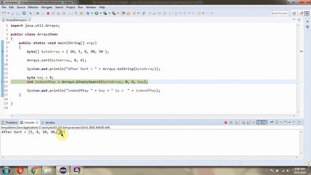 How to use binarySearch(byte[] a, int fromIndex, int toIndex, byte key) method of Java.util.Arrays?