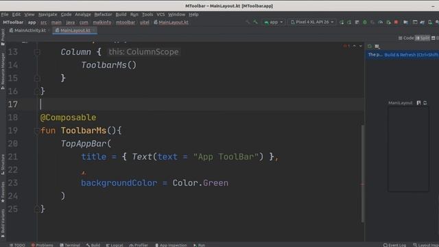 Exploring jetpack compose :TopAppBar/android canary studio kotlin jetpack compose Toolbar/Toolbar