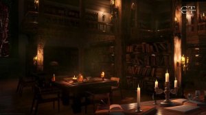 Атмосфера старинной библиотеки. Звуки дождя, Звуки перелистывания, треск свечи.