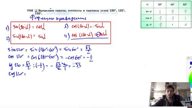 №1016. Вычислите синусы, косинусы и тангенсы углов 120°, 135°, 150°.