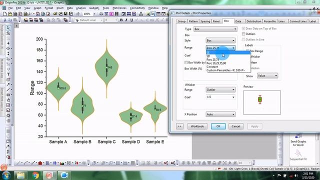 Violin with Box Plot in OriginPro 2019b смотреть онлайн