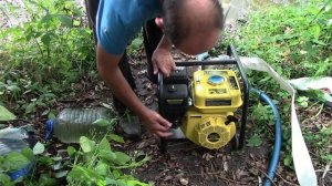 Обзор пожарной мотопомпы "Чемпион". Заявленная производительность 600л/мин, рукав 50мм.