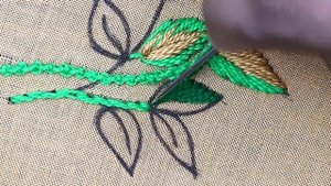 Pink Flower Hand Embroidery Designs with Golden shade Leaf stitch embroidery tutorial | step by ste