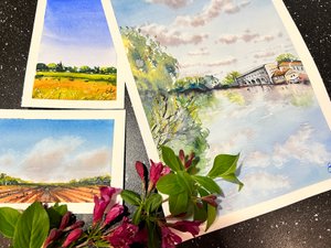 Небеса акварелью для начинающих/3 поэтапных урока - 2 открытки+1 картина/бесплатно