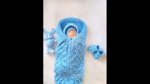 Вязанный голубой комплект конверт-кокон ,комбинезон,шапочка,пинетки