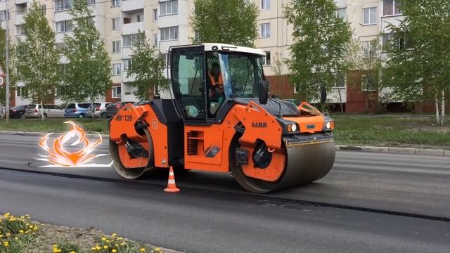 Каток асфальтовый дорожный укатывает асфальт видео для детей