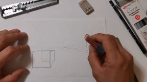 Конструктивное построение куба на линии горизонта с одной точкой схода