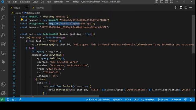 NodeJS Course - Prashanth Reddy - Telegram Bot Creation with API Service.