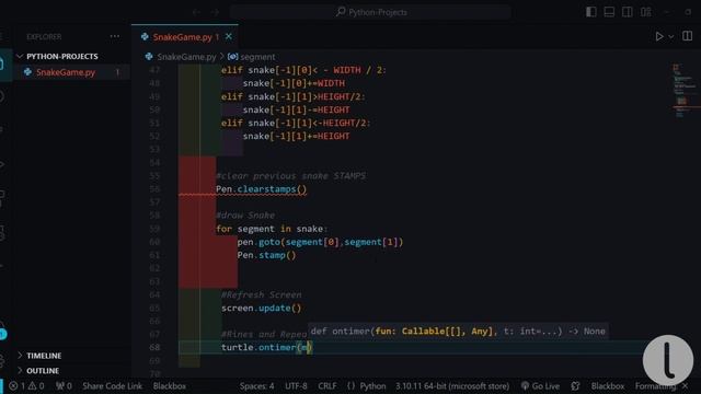 Snake Game Using Python Turtle -  [  @letscodeweb   ] - No Talking #video #video #youtubevideo