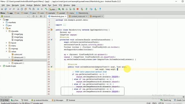 Spinner with strings taken from resource folder and on changing the spinner смотреть онлайн