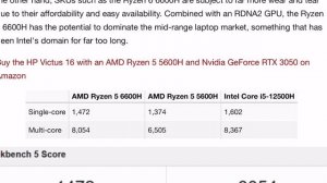 AMD Ryzen 5 6600H VS Intel Core i5-12500H Geekbench 5 scores for 2022 gaming laptop