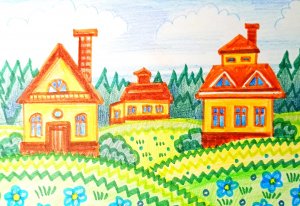 Три желтых дома. Рисунок маркерами и цветными карандашами.