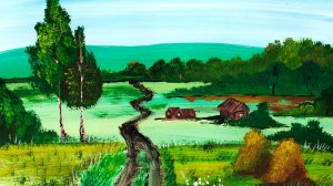 Как нарисовать пейзаж гуашью. Рисуем деревню. Правополушарное рисование.