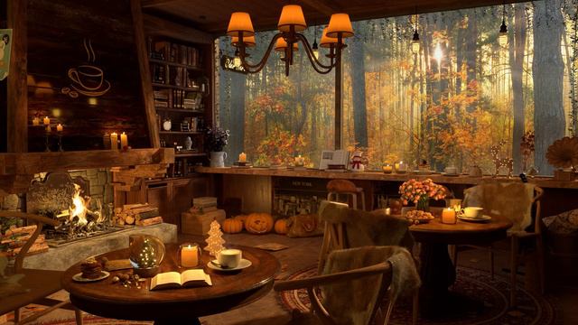 Autumn Cozy Coffee Shop Ambience 4K 🍁Piano Jazz Music for Relaxing, Studying and Working