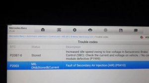 Mercedes benz P2003,P0410 fault of secondary air injection pump location.