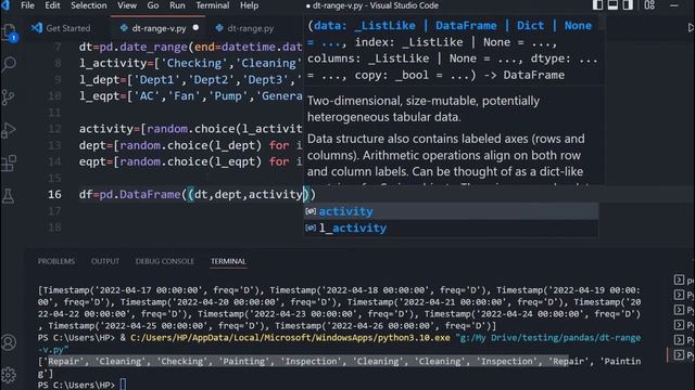 Pandas sample dataframe with Date time column and random values with incremental numbers