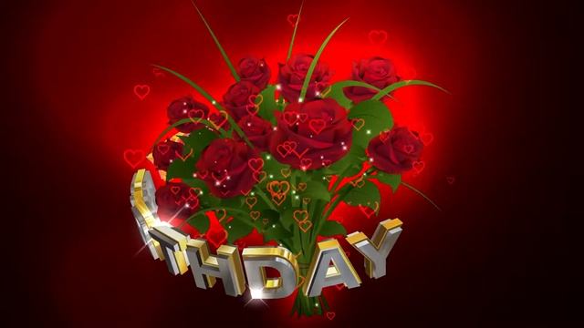 Футаж HAPPY BIRTHDAY. Букет красных роз на тёмно красном фоне с эффектом сердечек