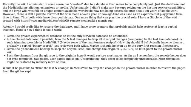 Trimming the last N changes in MediaWiki in order to "rebase" history from a Git-powered backup? смотреть онлайн
