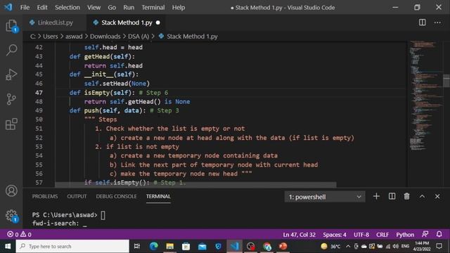 [Python] Stack: Method 1 (Implementation by changing singly linked list)