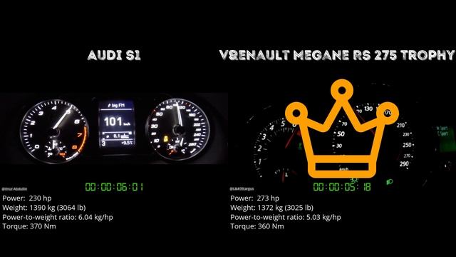 Audi S1 vs Renault Megane RS 275 Trophy // 0-100 km/h смотреть онлайн
