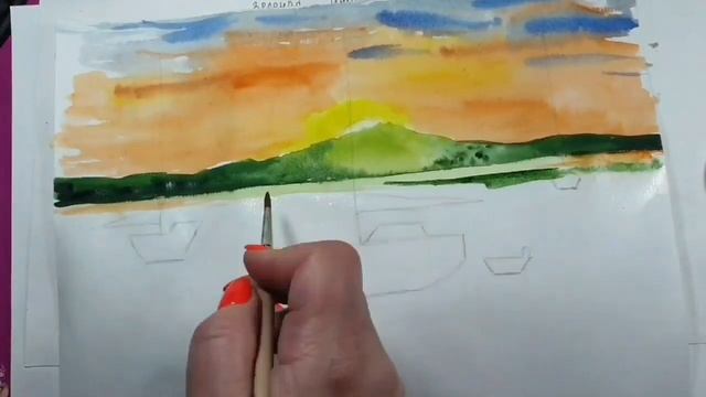 Акварельный рисунок "Морской закат" краски фирмы "Невские берега" кисти Roubloff номер 3 и 1,7 смотреть онлайн