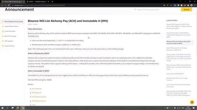 ЛИСТИНГ НОВЫХ ТОКЕНОВ ACH И IMX НА БИРЖЕ BINANCE! смотреть онлайн