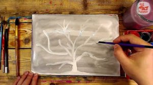 Зимнее дерево / урок рисования красками от РыбаКит