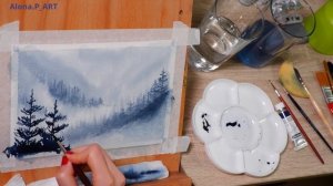 How to paint foggy forest ? | Watercolor monochrome painting | Как рисовать лес в тумане ?️