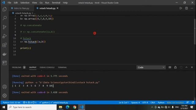 vstack hstack and concatenate in numpy array| Data Science tutorial in hindi | python