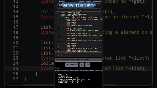 Array list in 1 minute #java #arraylist #learnjava #advancejava