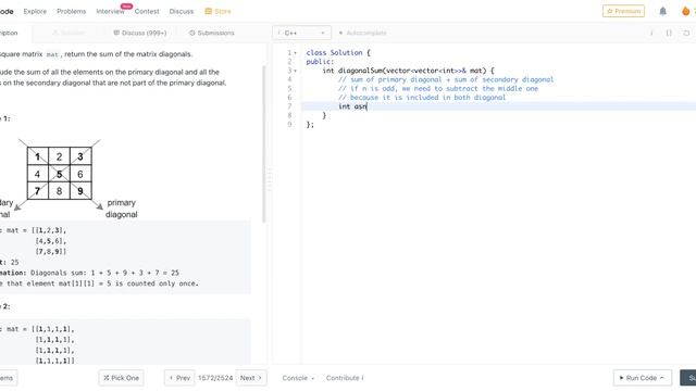 LeetCode Programming Skills I - Day 7. 1572. Matrix Diagonal Sum