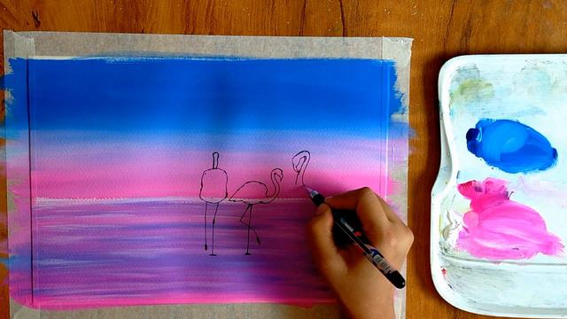 Easy Pink Purple Sunset Poster color Painting with Flamingo/Easy Poster color Painting for Beginner