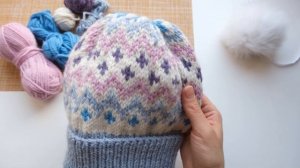 СП "Жаккард из запасов". Готовая работа. Обзор вязания шапки. Схема узора