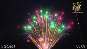 LDC403 (0,6"х 665 зарядов) золотой павлиний хвост с красными,зелёными и голубыми звёздами