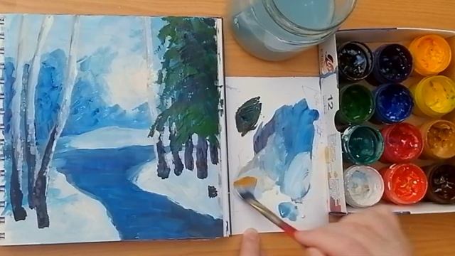 Зимний лес в живописи гуашью  Рисование для начинающих с ограниченной палитрой