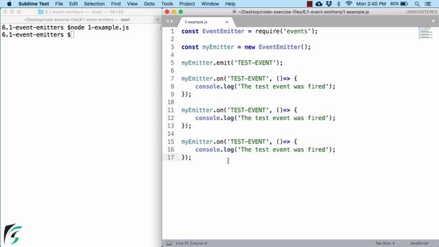 Node.js Event Emitters. require('events') and use EventEmitter to emit and catch event смотреть онлайн