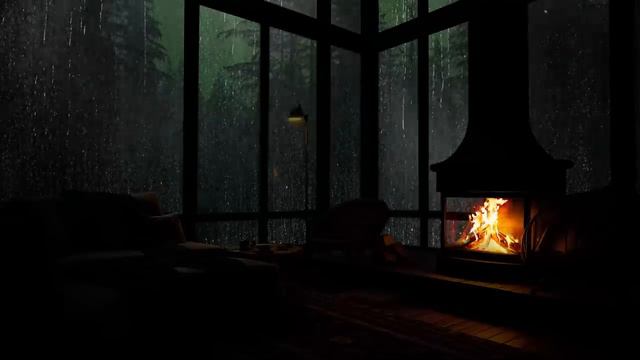 Chuva ajuda a dormir, relaxar e estudar | Chuva caindo à noite na floresta com lareira смотреть онлайн