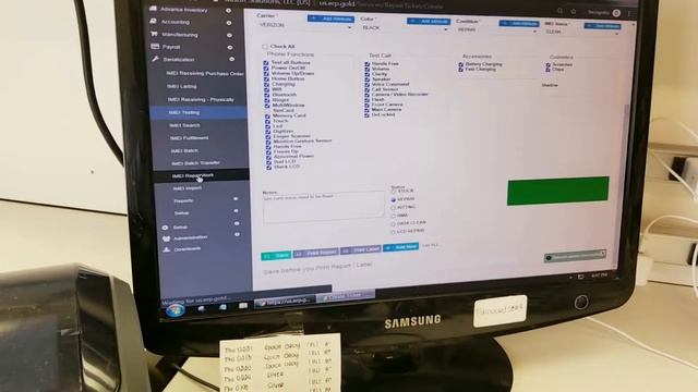 Cell phone grading, testing and IMEI recording system with bar code printing and report printing.