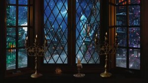 Hogsmeade Window "Winter Night" ⛄ Harry potter ASMR Ambience - Christmas Music ? Fireplace & Snow