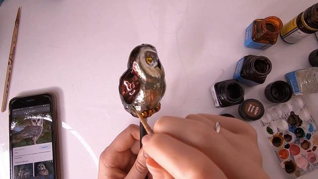 Вторая жизнь советской елочной игрушке Сова, реставрация Glasmal Farbe C.Kreul