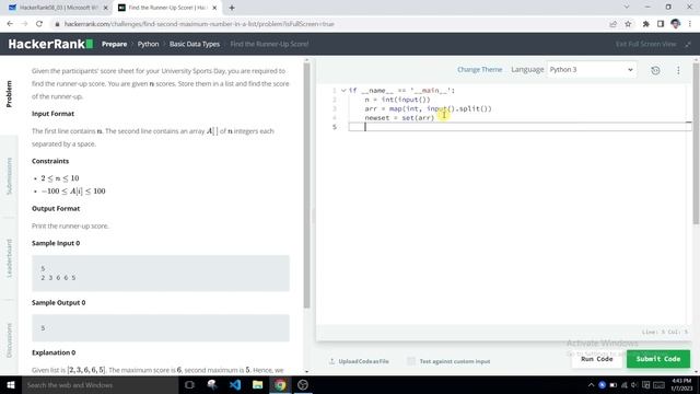 Find the Runner-Up Score! | Easy | Basic Data Types | Python HackerRank Solution | Hindi