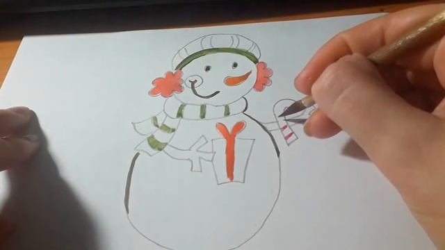 Снеговик, простой рисунок акварелью. Для новичка