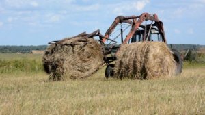 Погрузчик-стогометатель ПФ-0.5 и тракторы МТЗ-82.1 на перевозки рулонов соломы